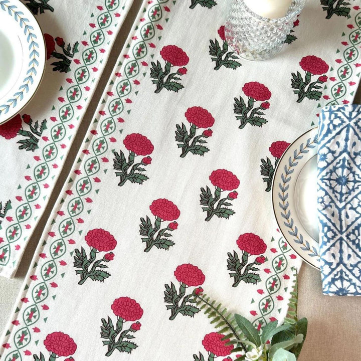 Cotton Dining Table Runner | Jaipuri Print | Red, Green & Off-white | 12" x 72" 