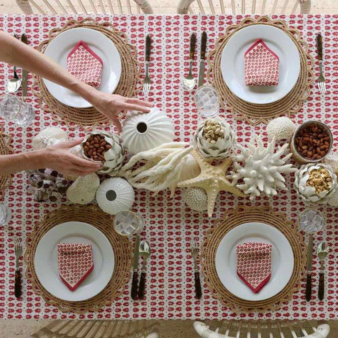 Cotton Table Cloth | Ethnic Print | White And Maroon | 4, 6, 8 Seater