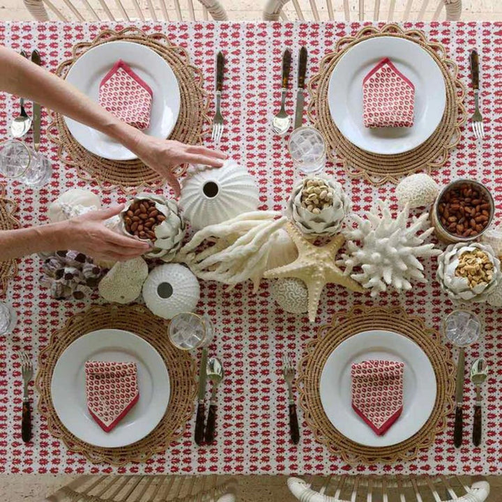 Cotton Table Cloth | Ethnic Print | White And Maroon | 4, 6, 8 Seater