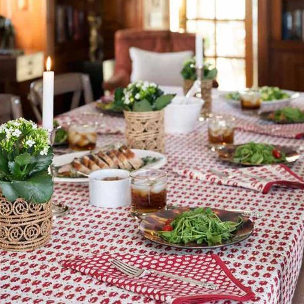 Cotton Table Cloth | Ethnic Print | White And Maroon | 4, 6, 8 Seater