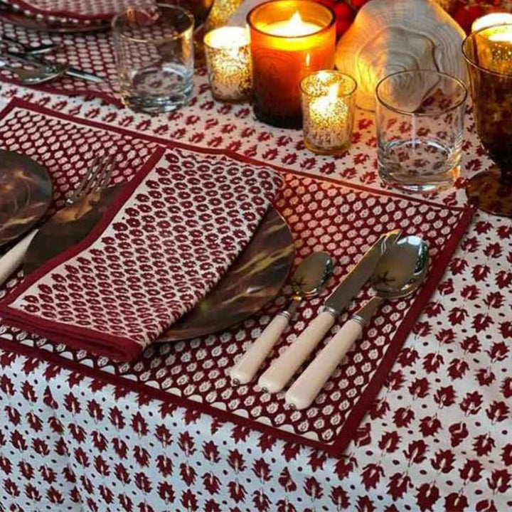 Cotton Table Cloth | Ethnic Print | White And Maroon | 4, 6, 8 Seater 