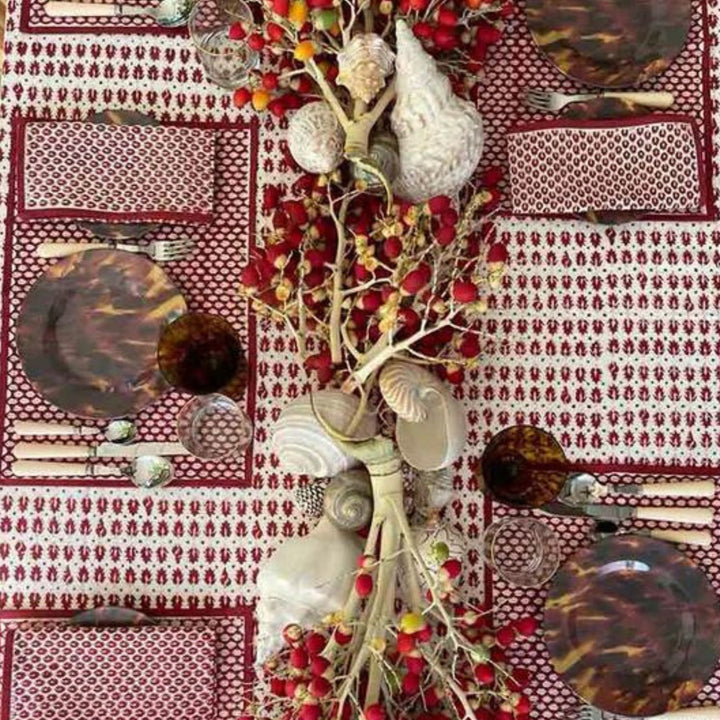 Cotton Table Cloth | Ethnic Print | White And Maroon | 4, 6, 8 Seater 
