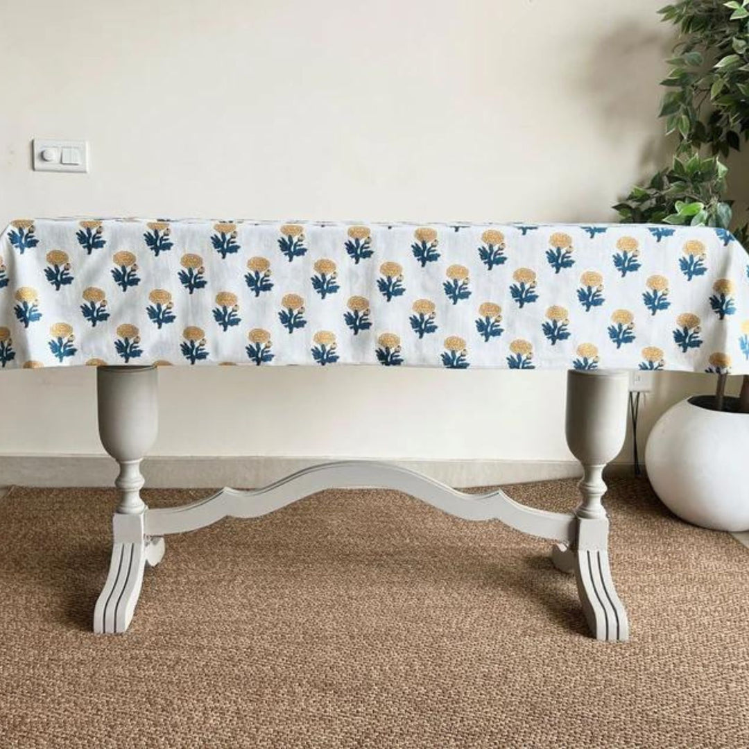 Cotton Table Cloth | Hand Crafted | Floral Print | Off White and Teal | 4, 6, 8 Seater