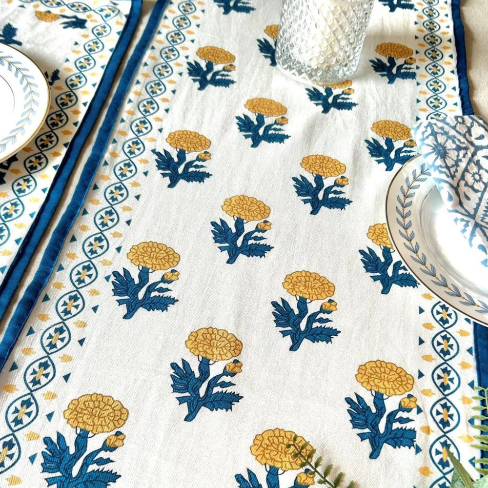 Cotton Table Cloth | Hand Crafted | Floral Print | Off White and Teal | 4, 6, 8 Seater 
