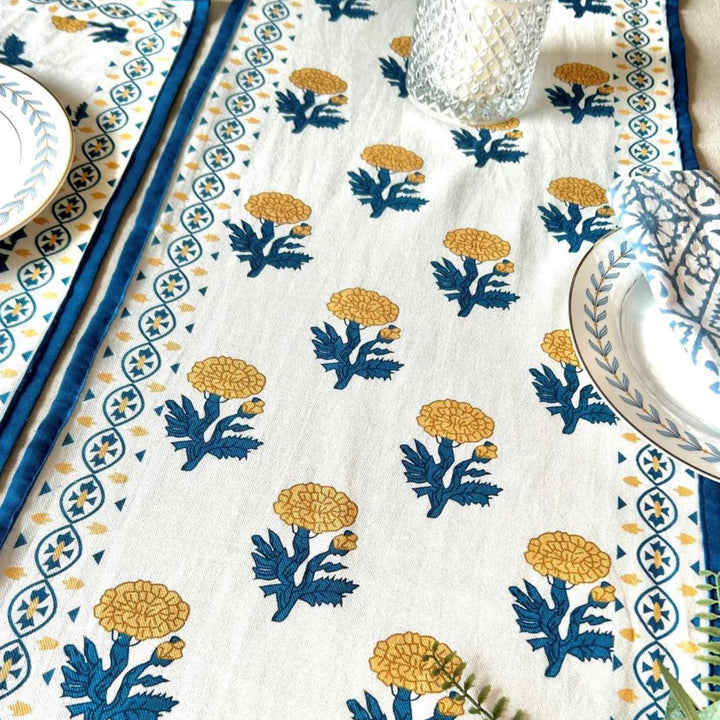 Cotton Table Cloth | Hand Crafted | Floral Print | Off White and Teal | 4, 6, 8 Seater 