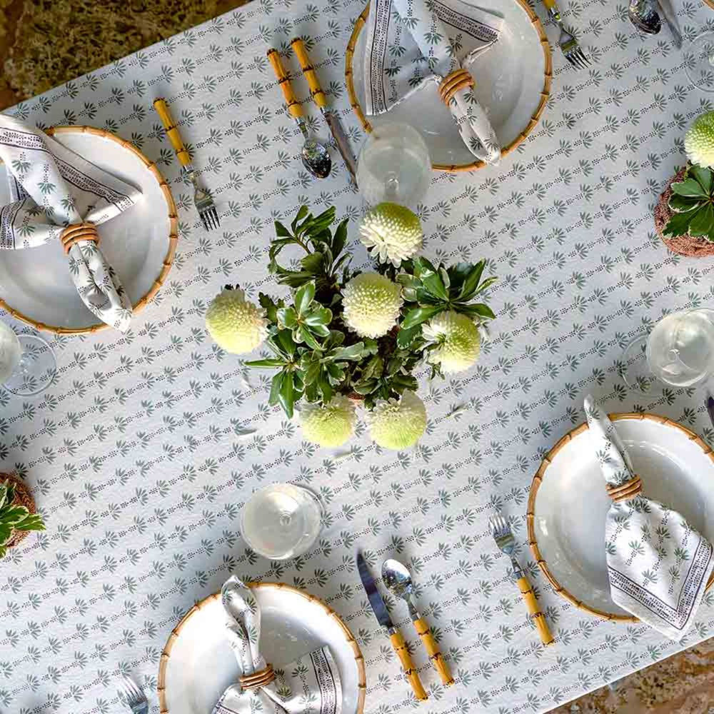 Cotton Table Cloth | Sage Green & White | Palm Trees Print | 4, 6, 8 Seater