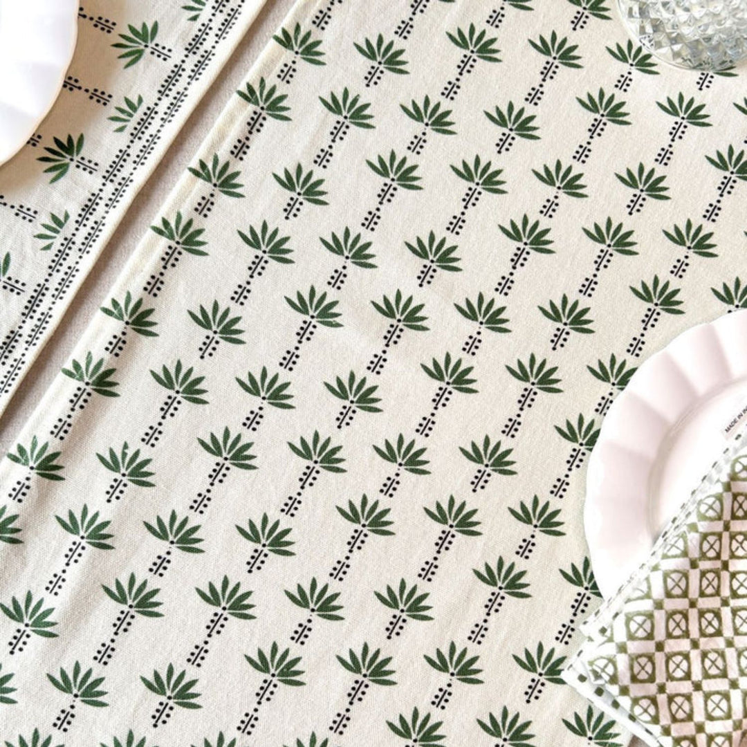 Cotton Table Cloth | Sage Green & White | Palm Trees Print | 4, 6, 8 Seater 