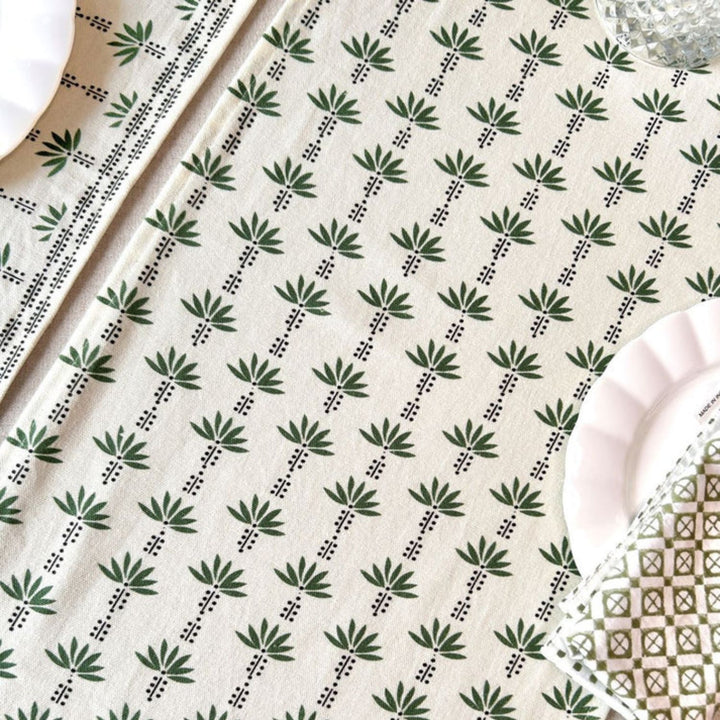 Cotton Table Cloth | Sage Green & White | Palm Trees Print | 4, 6, 8 Seater 