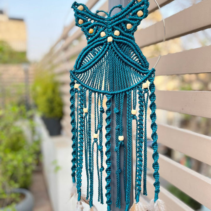 Bohemian Style Hand-Crafted Wall Hanging | Butterfly Pattern | Macrame | Natural Cotton | Teal Blue | 24 Inch