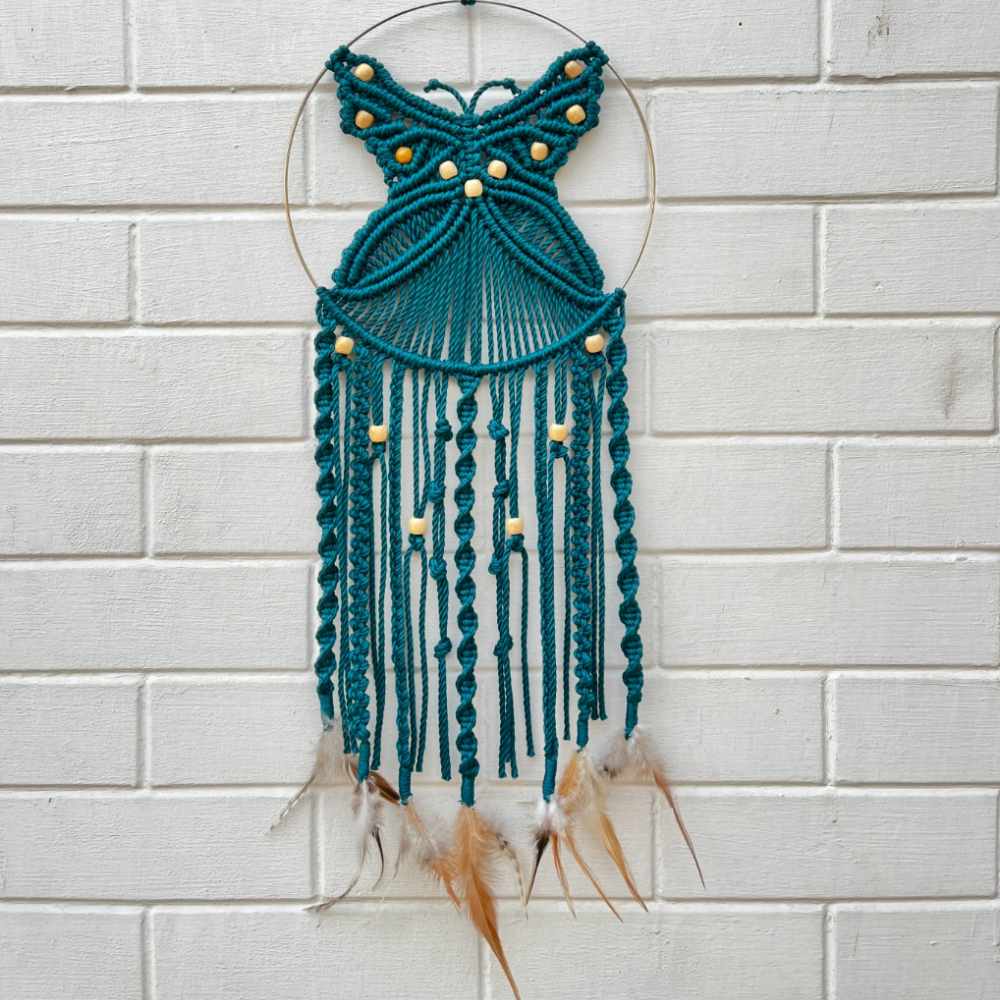 Bohemian Style Hand-Crafted Wall Hanging | Butterfly Pattern | Macrame | Natural Cotton | Teal Blue | 24 Inch