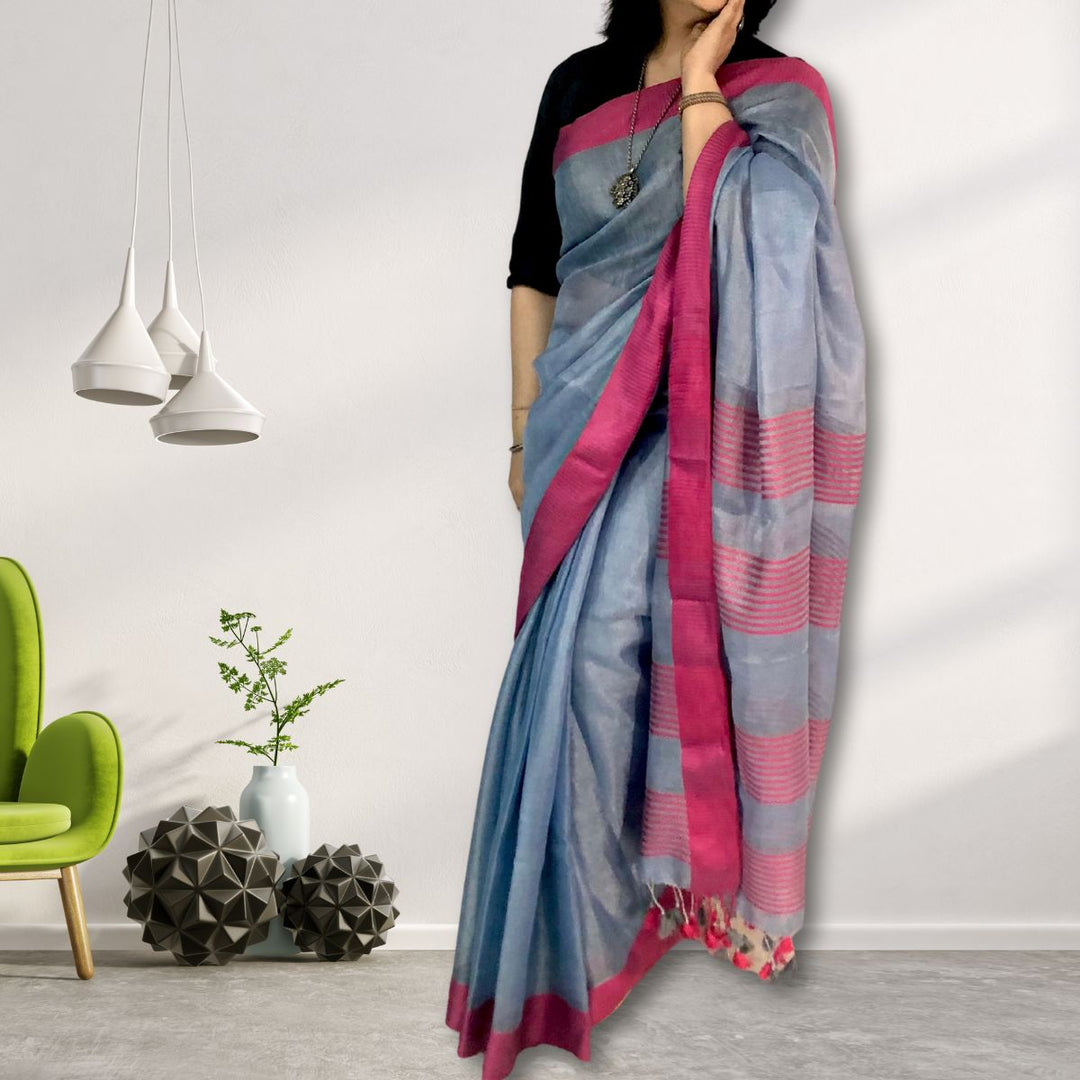 Bluish Grey Tissue Linen Festive Saree Pink Stripe Border | Subtle & Classy | Elegant Drape