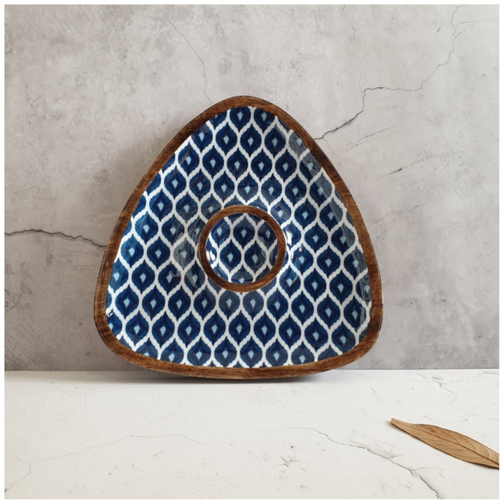 Blue Ikat Wooden Triangle Chip And Dip Platter | Hand-Crafted | 12 Inches