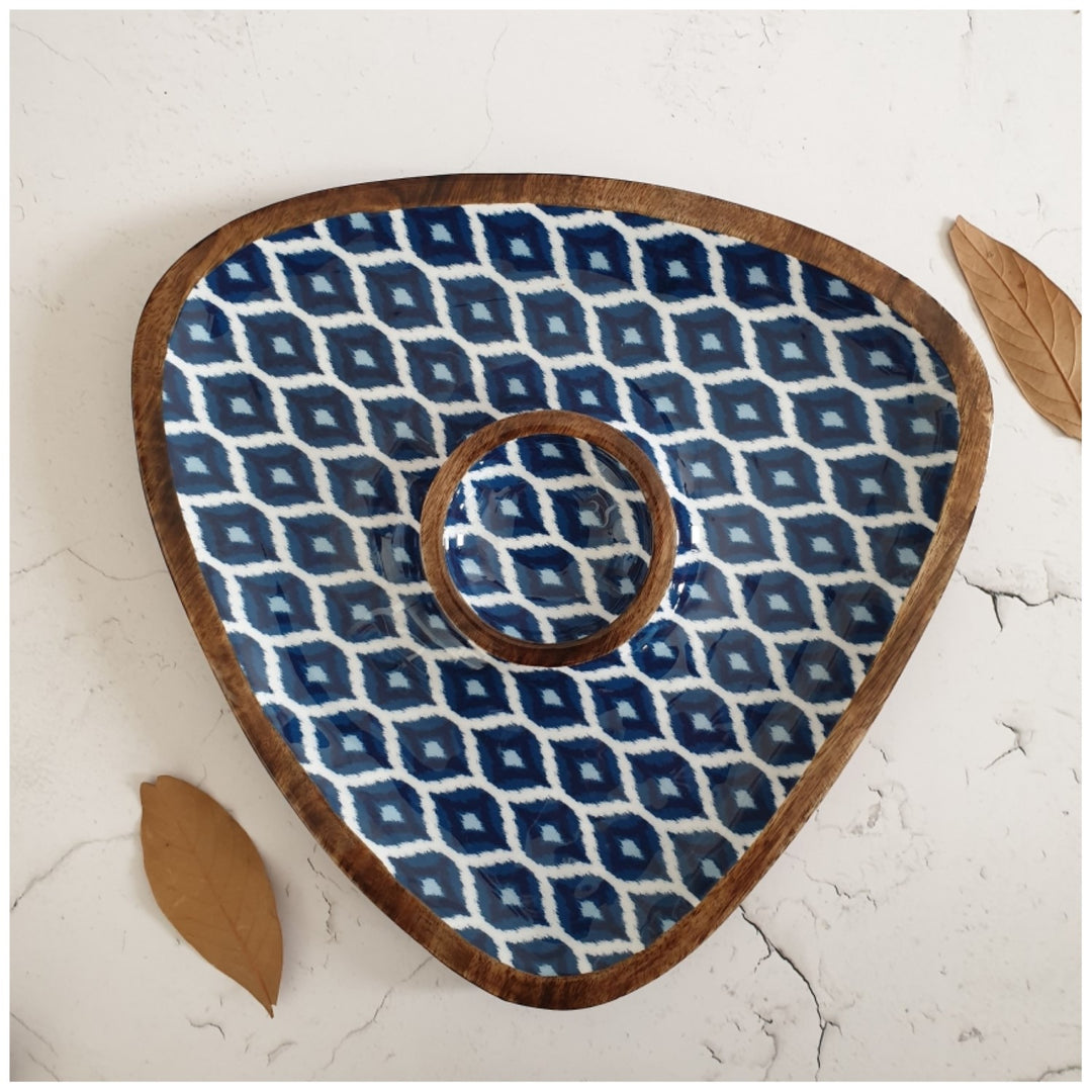 Blue Ikat Wooden Triangle Chip And Dip Platter | Hand-Crafted | 12 Inches