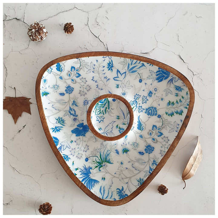 Caribbean Floral Wooden Triangle Chip And Dip Platter | Hand-Crafted | 12 Inches