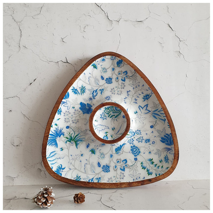 Caribbean Floral Wooden Triangle Chip And Dip Platter | Hand-Crafted | 12 Inches