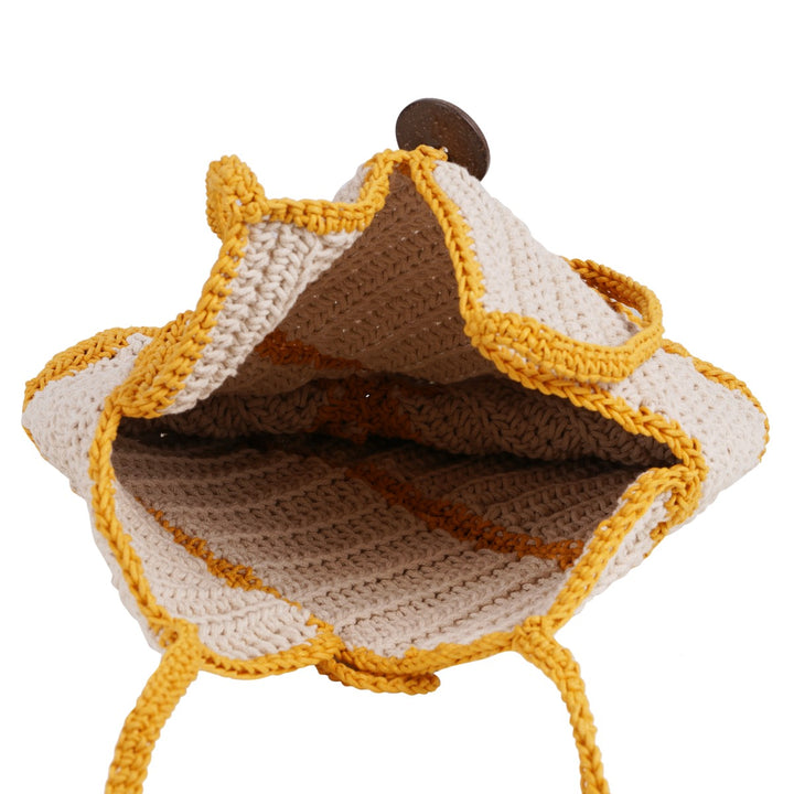 Bucket Hand Bag | Hand-Crafted & Crochet | Cotton Yarn | Off White & Mustard