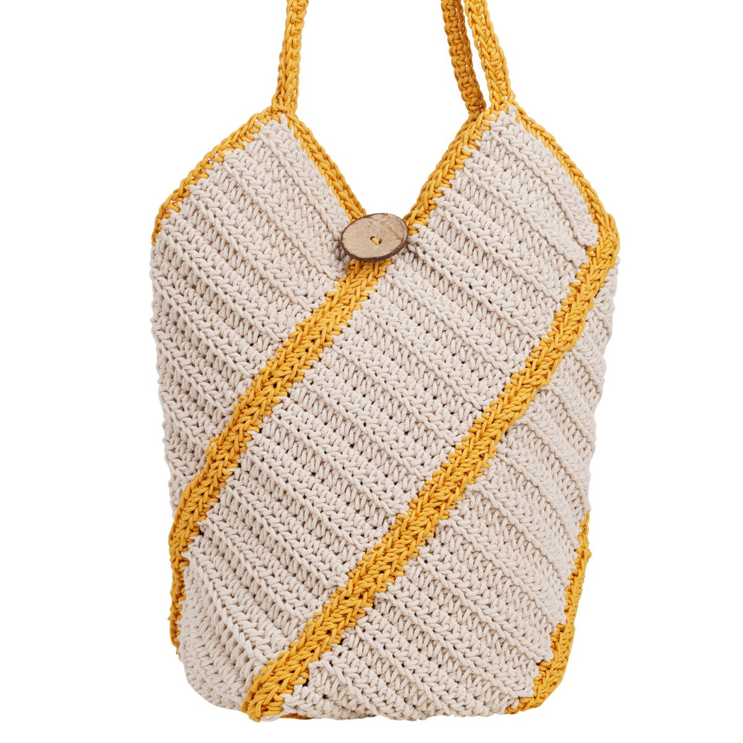 Bucket Hand Bag | Hand-Crafted & Crochet | Cotton Yarn | Off White & Mustard