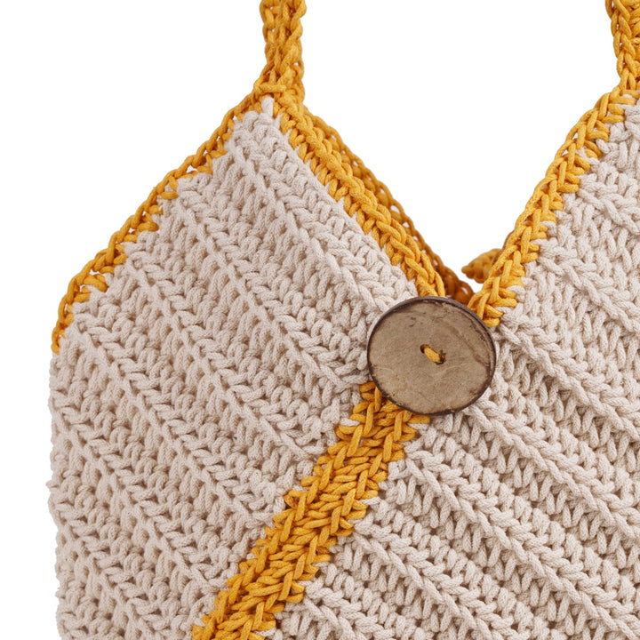 Bucket Hand Bag | Hand-Crafted & Crochet | Cotton Yarn | Off White & Mustard