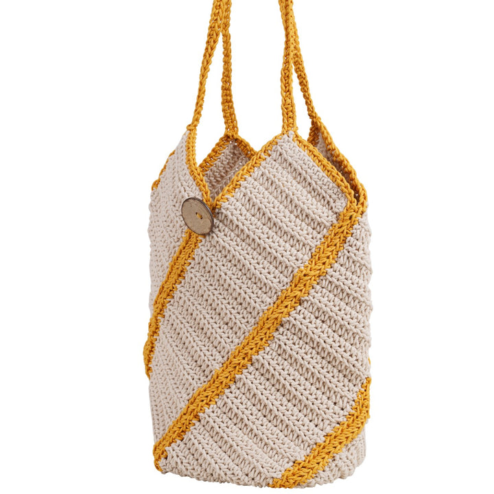 Bucket Hand Bag | Hand-Crafted & Crochet | Cotton Yarn | Off White & Mustard