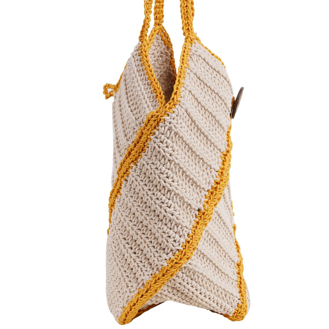 Bucket Hand Bag | Hand-Crafted & Crochet | Cotton Yarn | Off White & Mustard