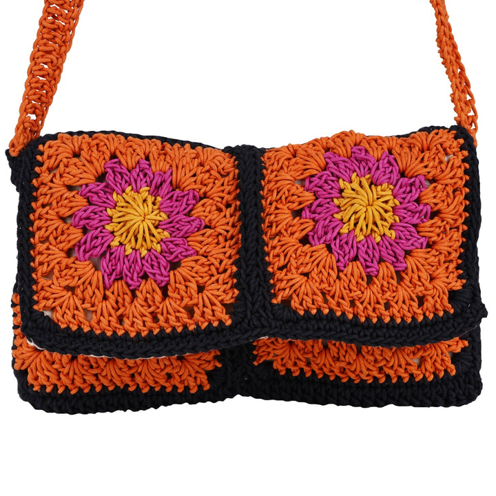 Floral Mini Sling Bag | Hand-Crochet | Cotton Yarn | Rust & Black