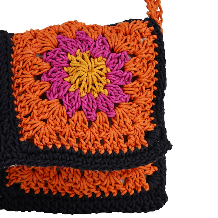 Floral Mini Sling Bag | Hand-Crochet | Cotton Yarn | Rust & Black