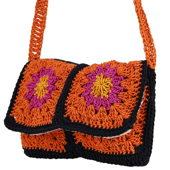 Floral Mini Sling Bag | Hand-Crochet | Cotton Yarn | Rust & Black