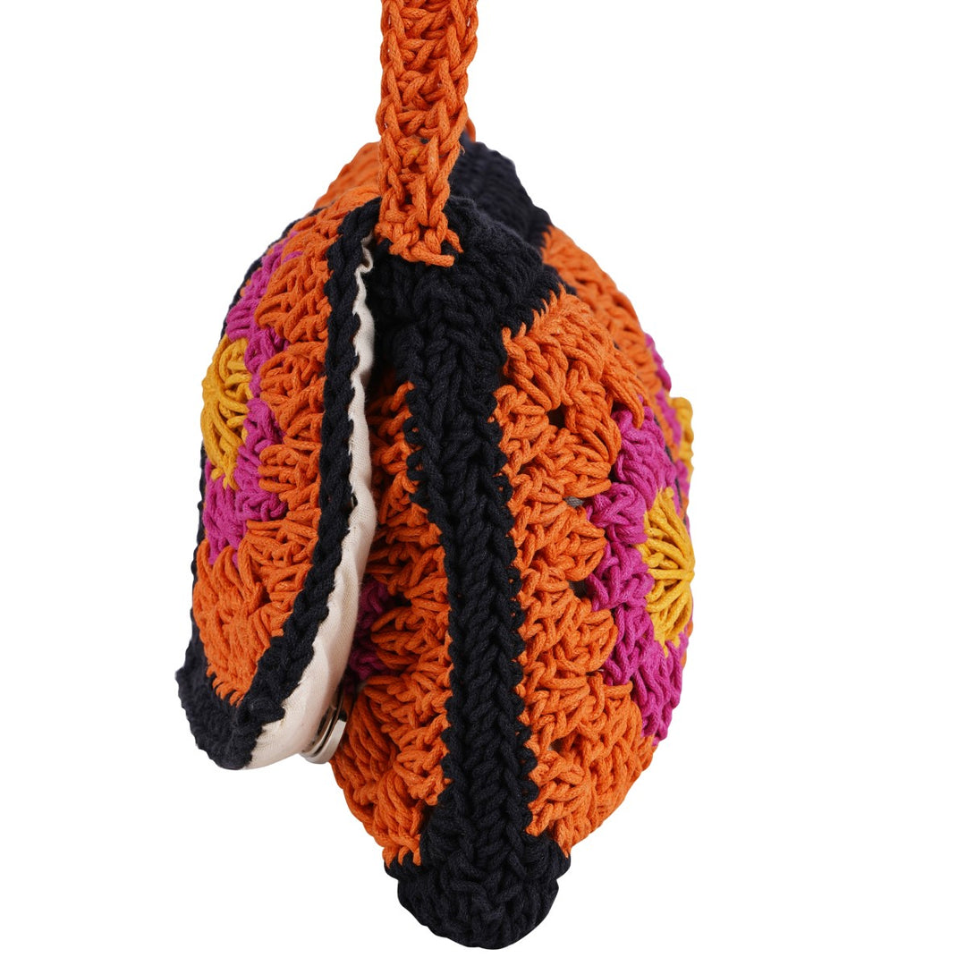 Floral Mini Sling Bag | Hand-Crochet | Cotton Yarn | Rust & Black