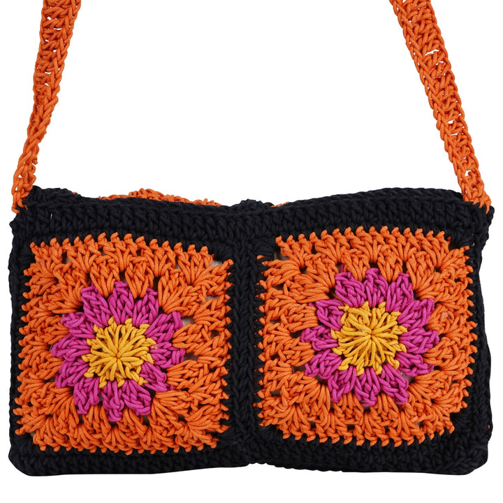 Floral Mini Sling Bag | Hand-Crochet | Cotton Yarn | Rust & Black