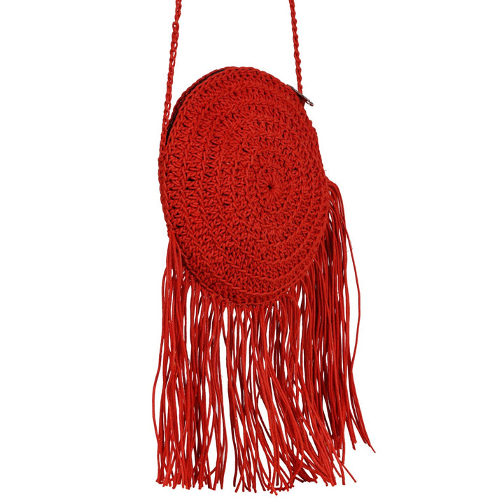 Long Tasseled Mini Sling Bag | Hand-Crochet | Cotton Yarn | Crimson Red