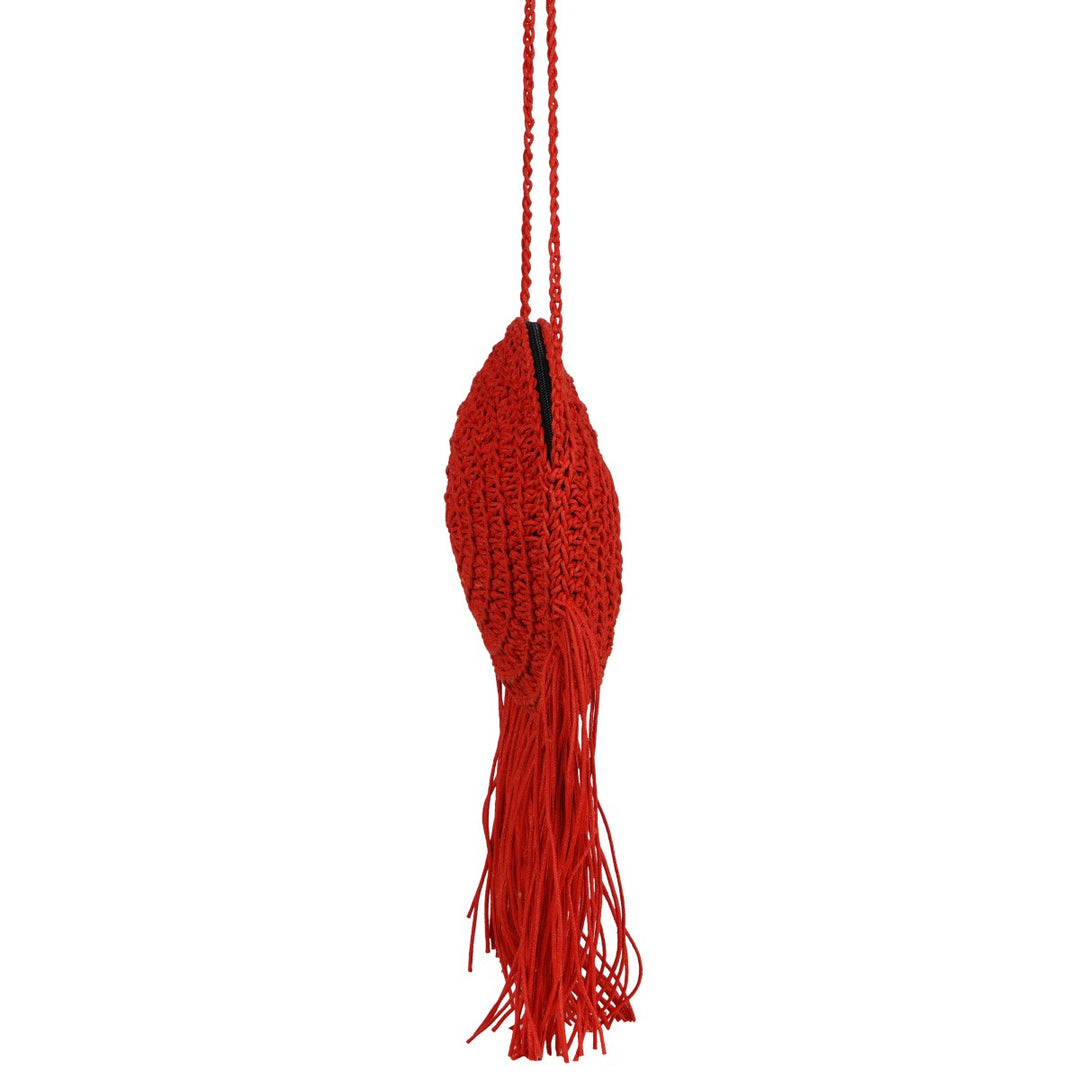 Long Tasseled Mini Sling Bag | Hand-Crochet | Cotton Yarn | Crimson Red