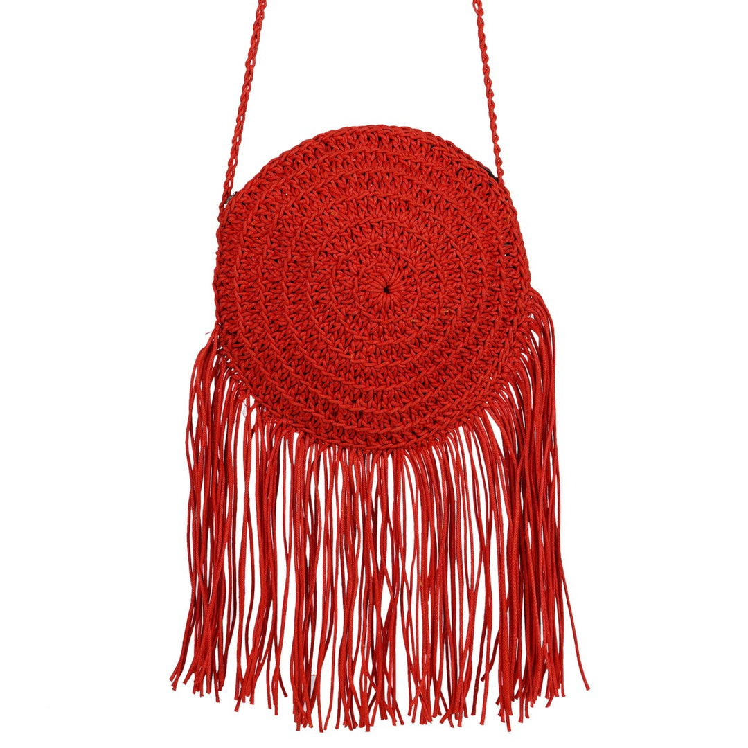 Long Tasseled Mini Sling Bag | Hand-Crochet | Cotton Yarn | Crimson Red