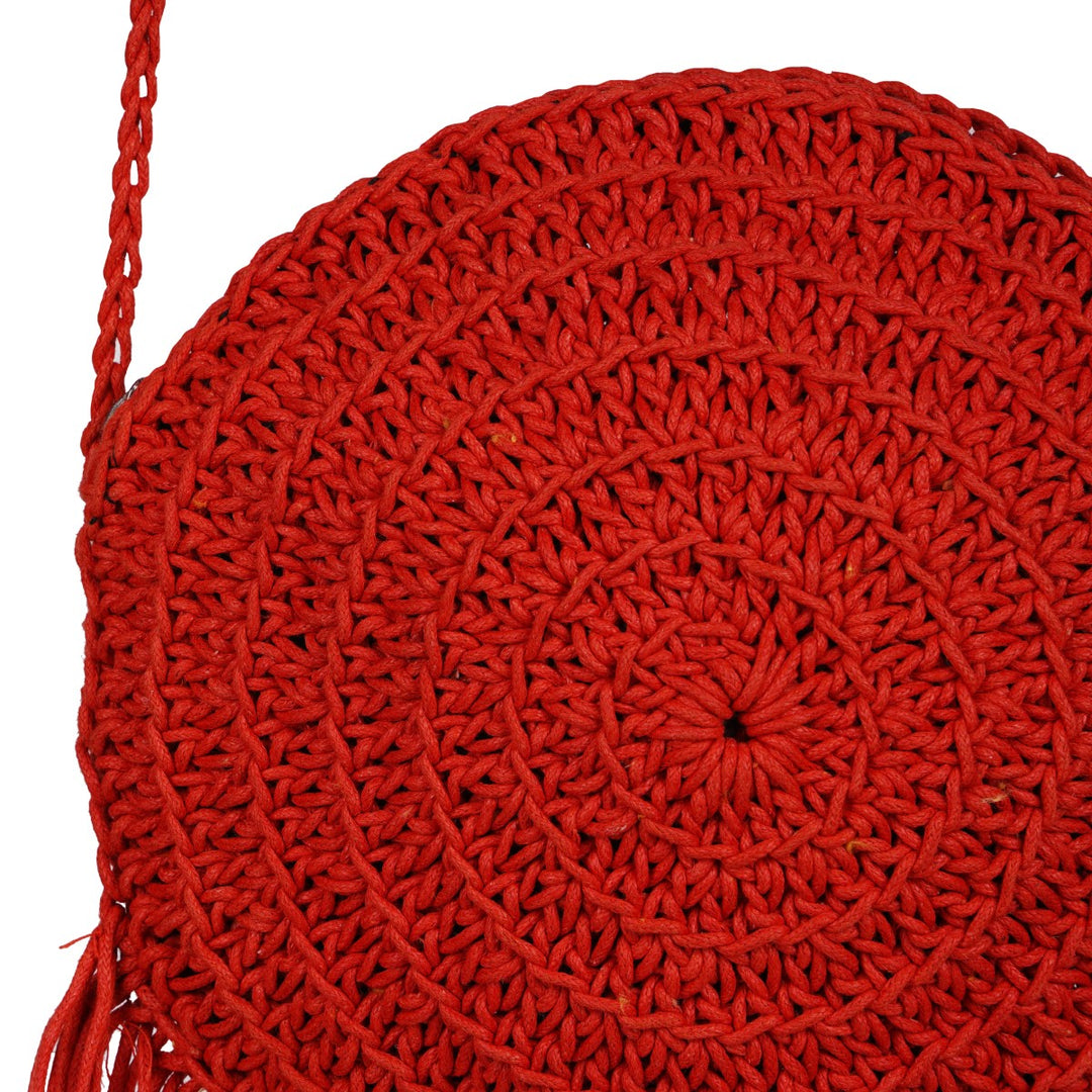 Long Tasseled Mini Sling Bag | Hand-Crochet | Cotton Yarn | Crimson Red