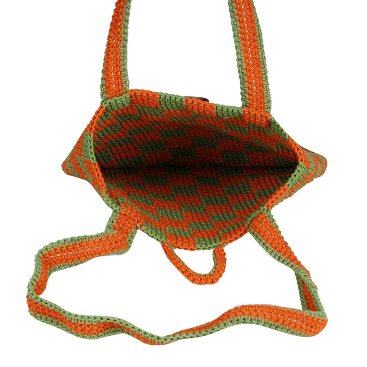 Checkered Tote Hand Bag | Hand-Crochet | Cotton Yarn | Rust & Fern Green