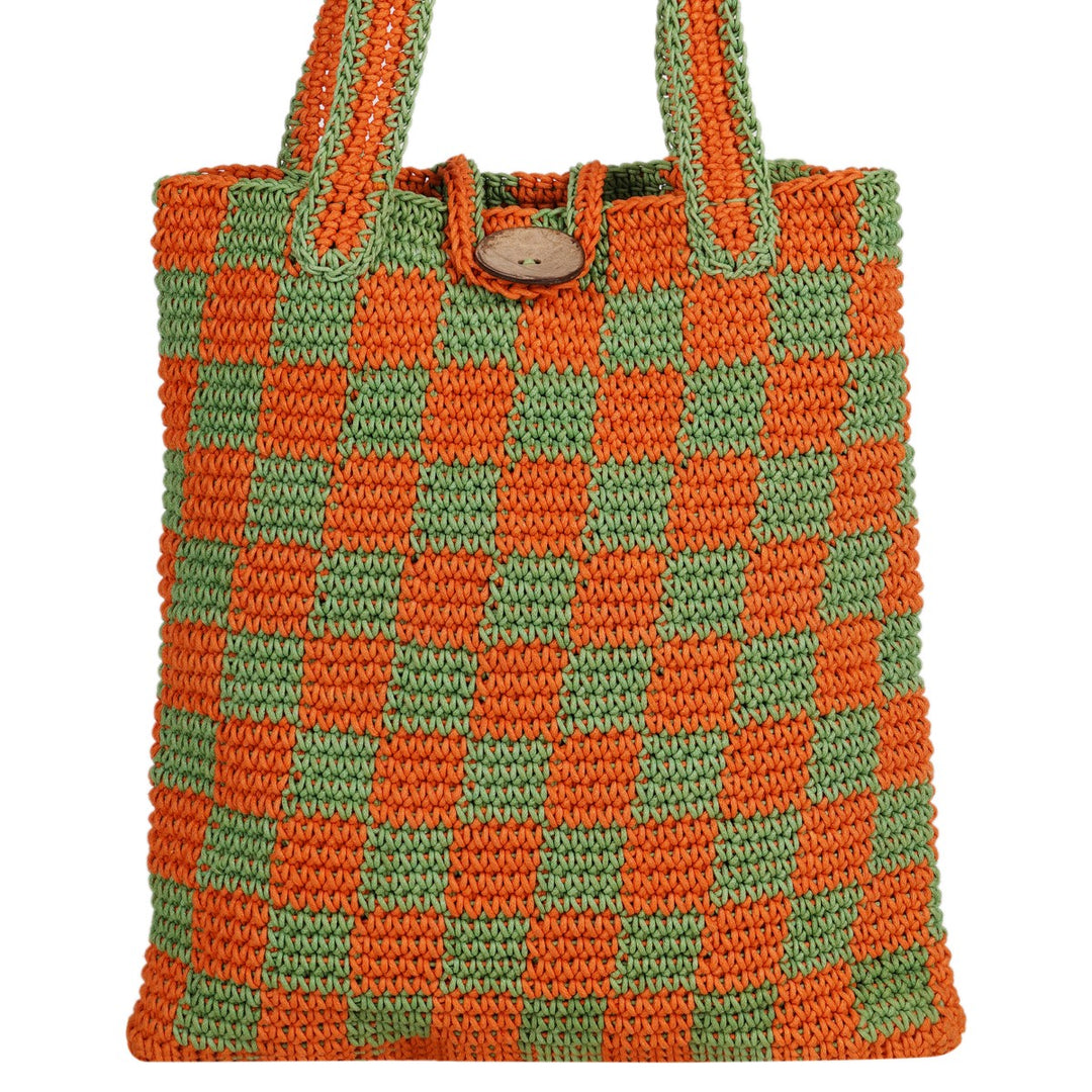 Checkered Tote Hand Bag | Hand-Crochet | Cotton Yarn | Rust & Fern Green