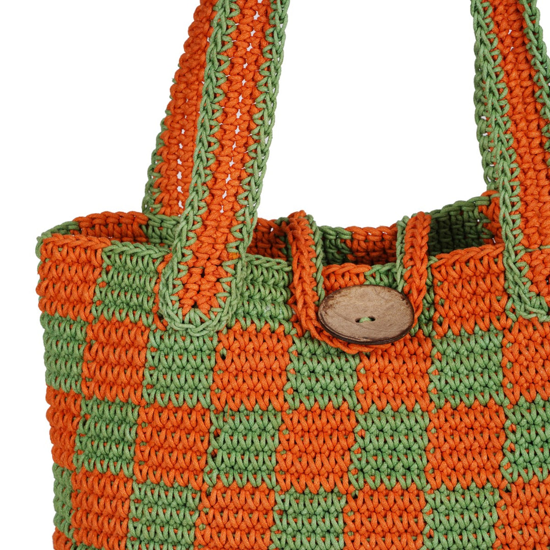 Checkered Tote Hand Bag | Hand-Crochet | Cotton Yarn | Rust & Fern Green