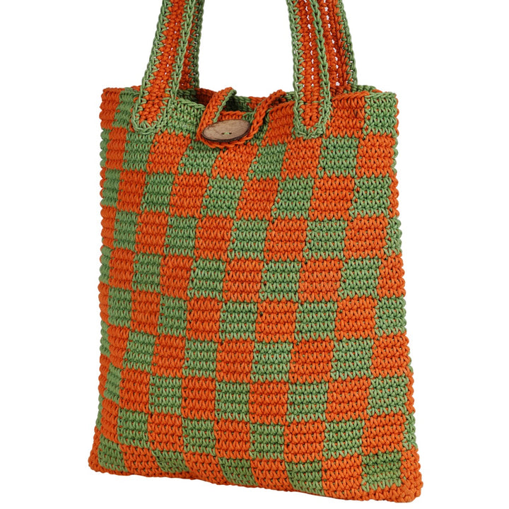 Checkered Tote Hand Bag | Hand-Crochet | Cotton Yarn | Rust & Fern Green