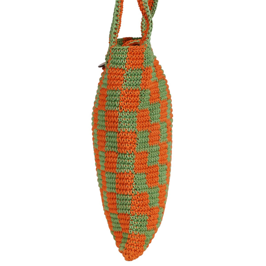 Checkered Tote Hand Bag | Hand-Crochet | Cotton Yarn | Rust & Fern Green