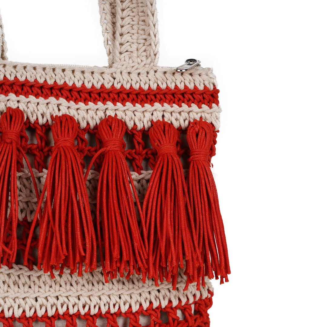 Long Handle Bag | Hand-Crochet | Cotton Yarn | Off White & Crimson Red