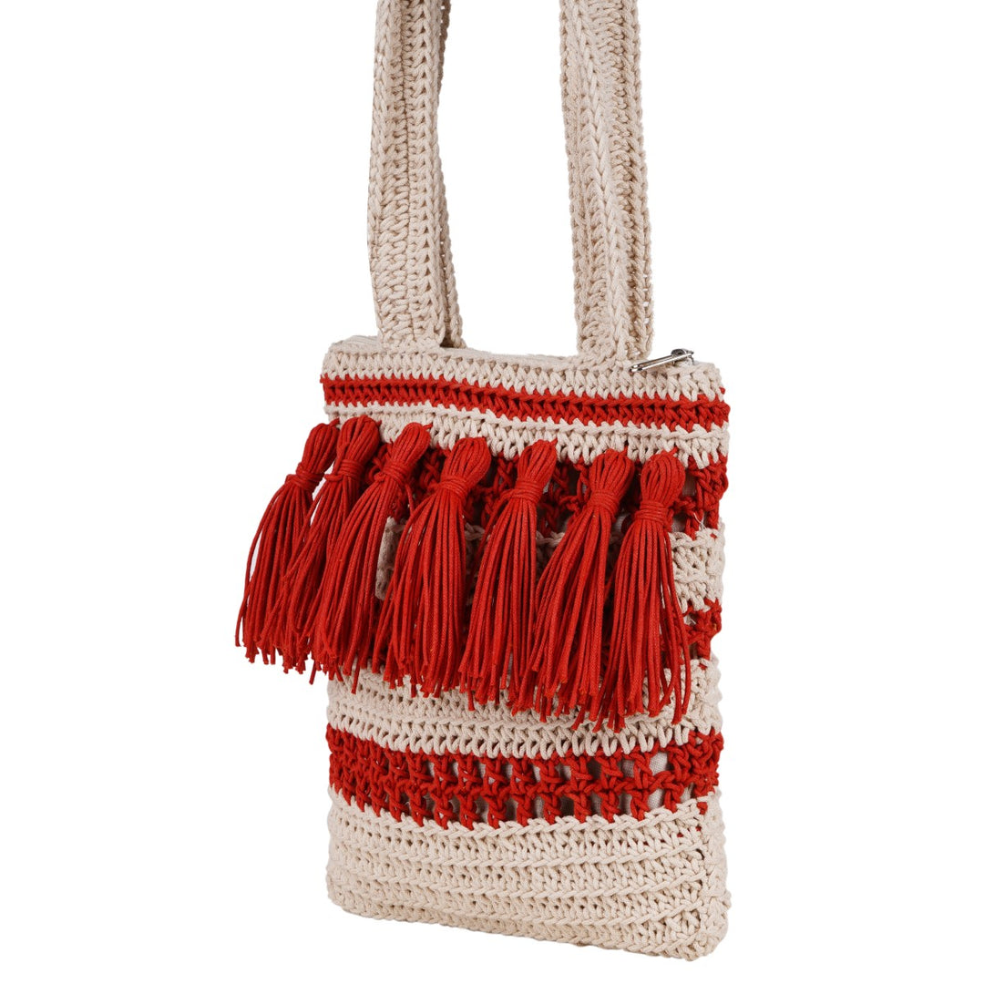 Long Handle Bag | Hand-Crochet | Cotton Yarn | Off White & Crimson Red