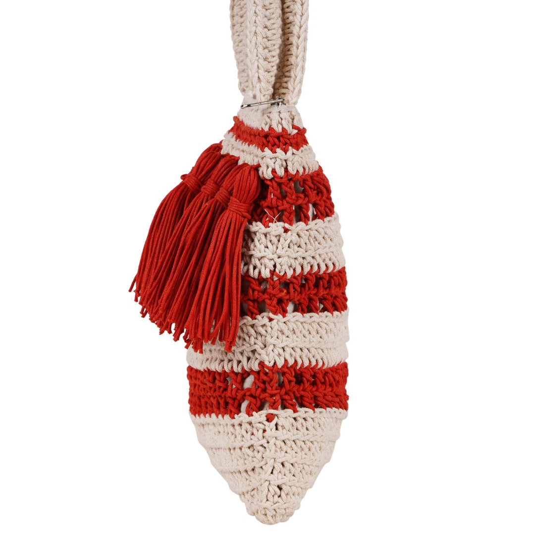 Long Handle Bag | Hand-Crochet | Cotton Yarn | Off White & Crimson Red