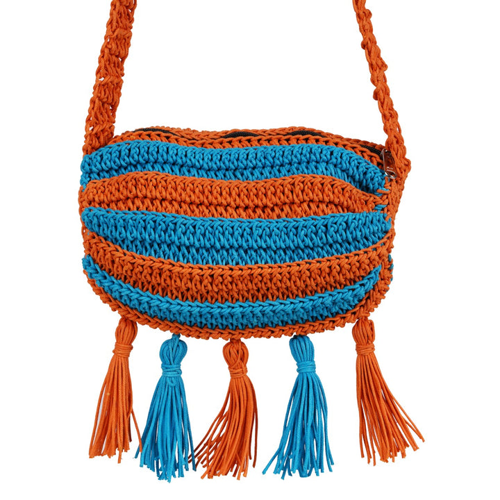 Duffel Mini Sling Bag | Hand-Crafted & Crochet | Cotton Yarn | Turquoise & Rust