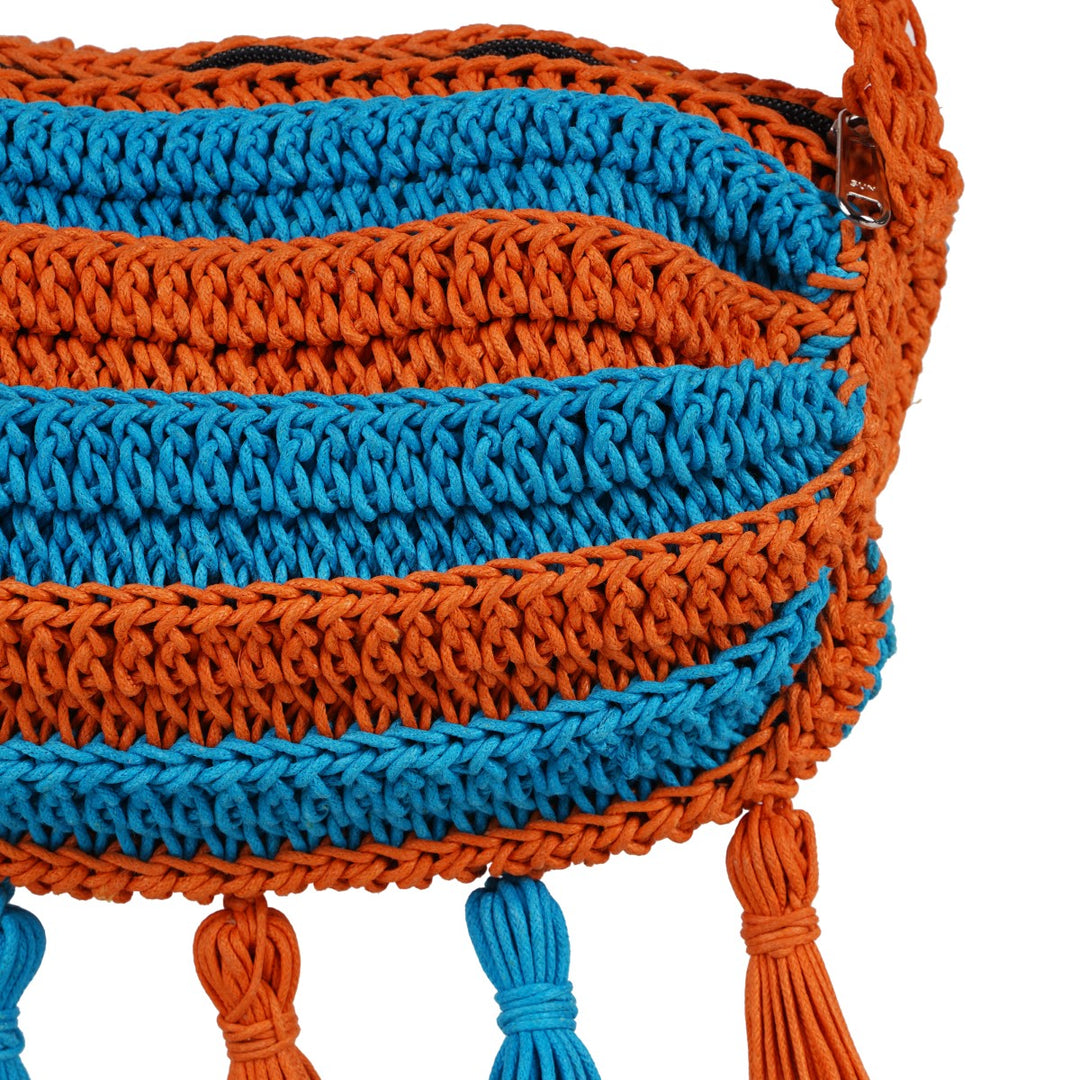 Duffel Mini Sling Bag | Hand-Crafted & Crochet | Cotton Yarn | Turquoise & Rust