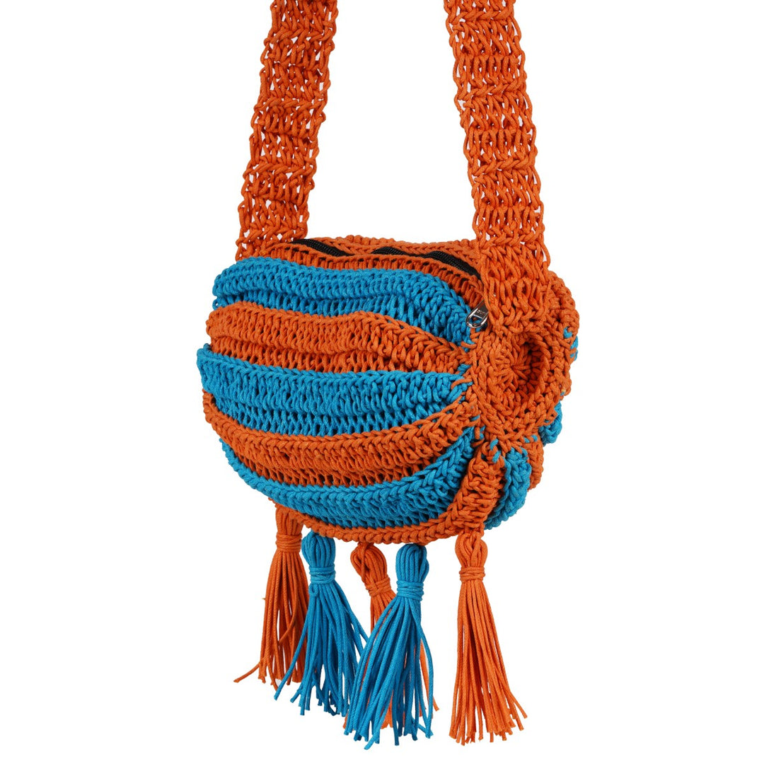 Duffel Mini Sling Bag | Hand-Crafted & Crochet | Cotton Yarn | Turquoise & Rust