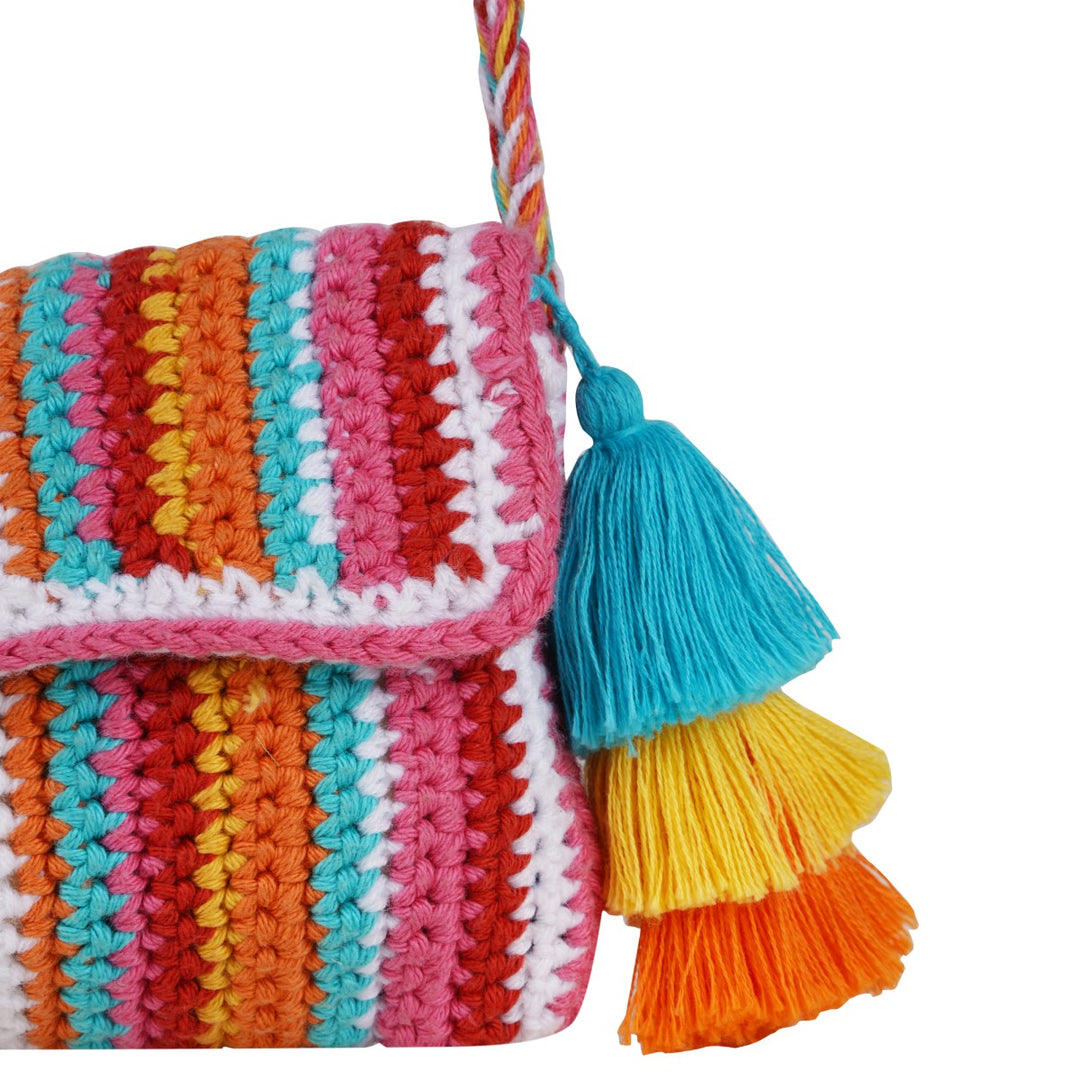 Multi-Colour Stripes Mini Sling Bag | Hand-Crochet | Cotton Yarn 