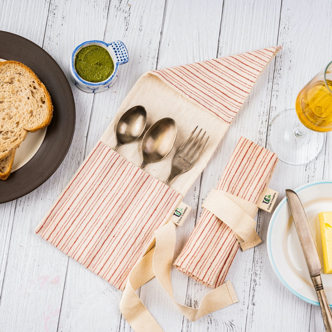 Travel Cutlery Wrap Holder | Organic Kala Cotton | Multi-Pocket And Multi-Purpose | Off-white with Red Stripe Pattern 