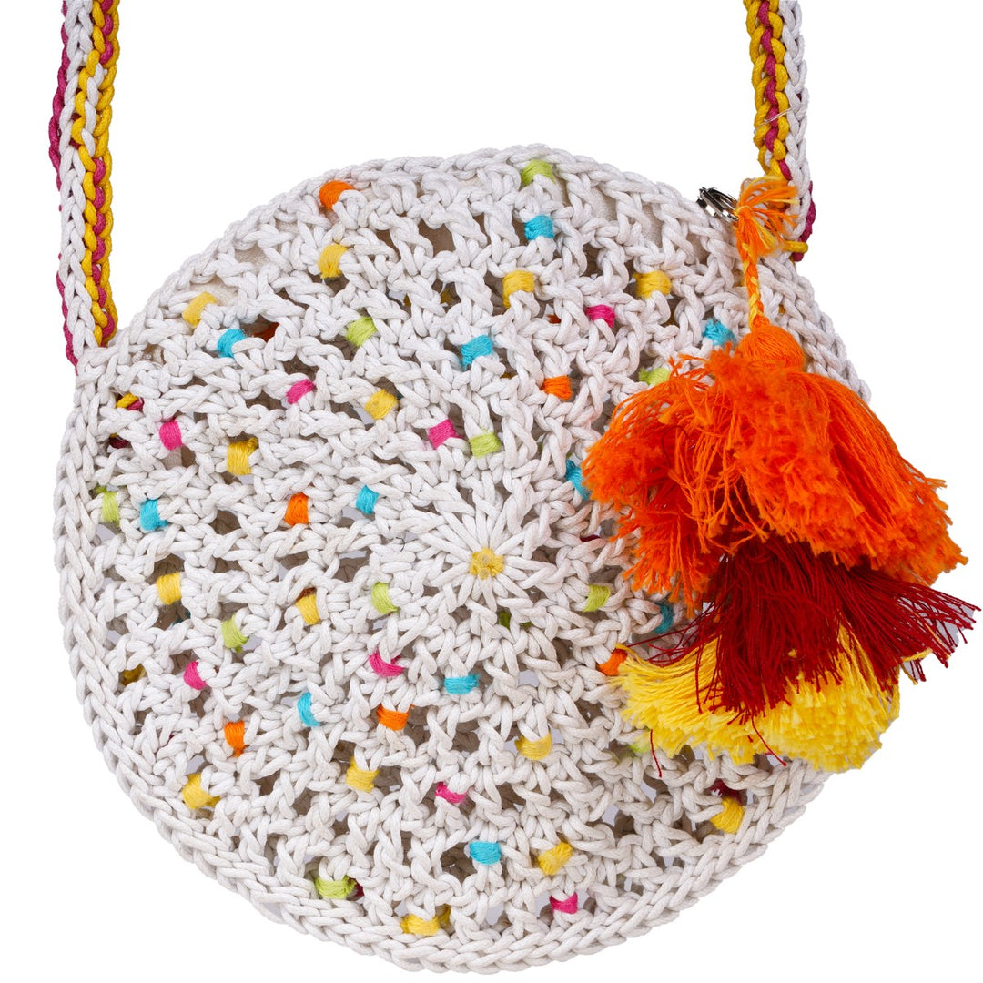 Round Mini Sling Bag | Hand-Crochet | Cotton Yarn | Off White