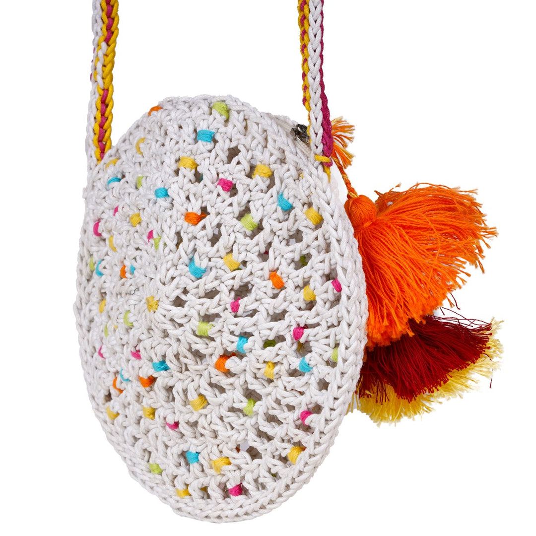 Round Mini Sling Bag | Hand-Crochet | Cotton Yarn | Off White