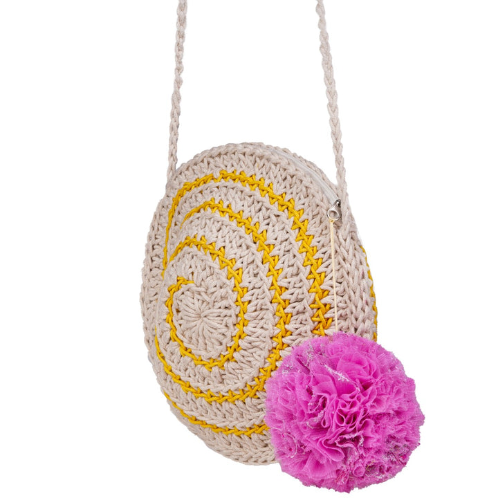 Miniature Round Mini Sling Bag | Hand-Crochet | Cotton |  Off White & Mustard