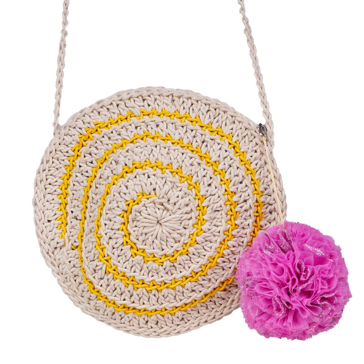 Miniature Round Mini Sling Bag | Hand-Crochet | Cotton |  Off White & Mustard